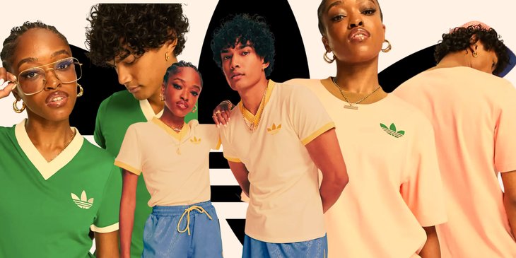 Jeunes modèles en tenue de sport Adidas Originals vintage, resté dans l’esprit 90’s, coloré et assez large